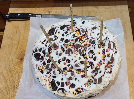 Cookies and cream ice cream cake with oreos, peanut butter cups, sprinkles, and marshmallow topping.