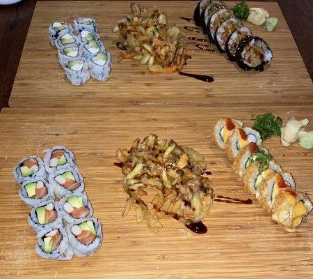 Great deal. 2 rolls for $8.95 comes with miso soup or ginger dressing salad and veg tempura.