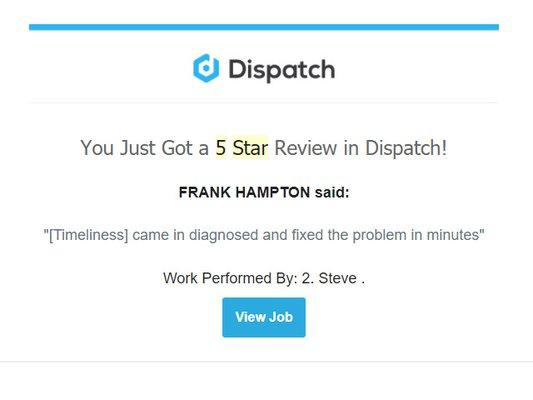 5 stars on Dispatch! We thank our customers.