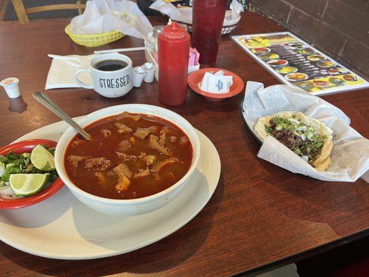 Barbacoa taco and bowl of loaded Menudo