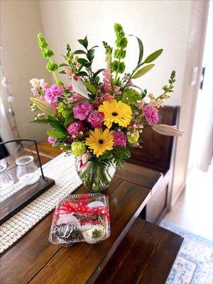 Flowers and chocolate covered strawberries