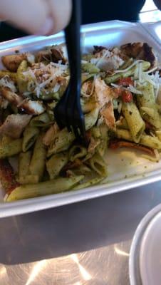 Hot pesto pasta and chicken $8.50