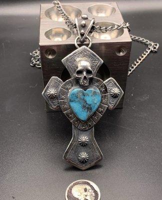 Custom skull cross with kingman turquoise heart