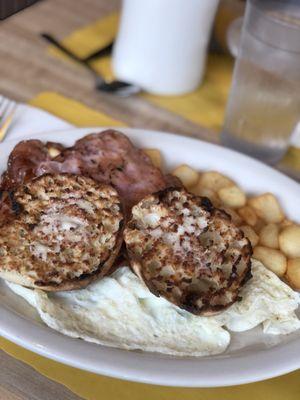 2 eggs any style with ham & hash browns & English muffin