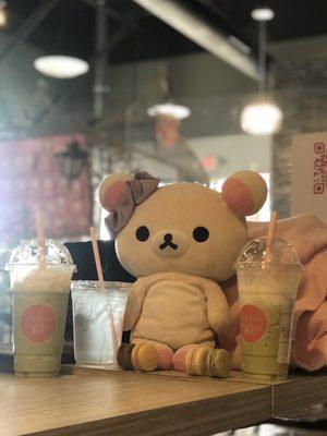 Two Matcha Frapps and Mini Macaroons with a cute Bear 3