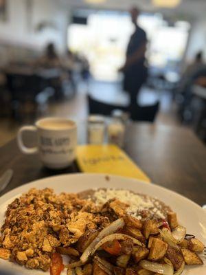 Chorizo and eggs, potatoes and beans