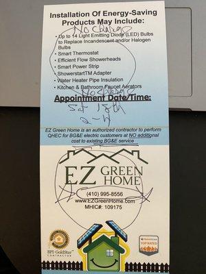 EZ Green appointment card with "No Charge" scrawled above and below the list of "energy-saving products."