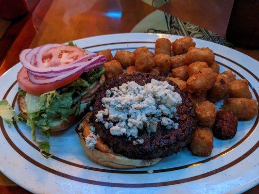 Black and bleu burger with tots - very good!