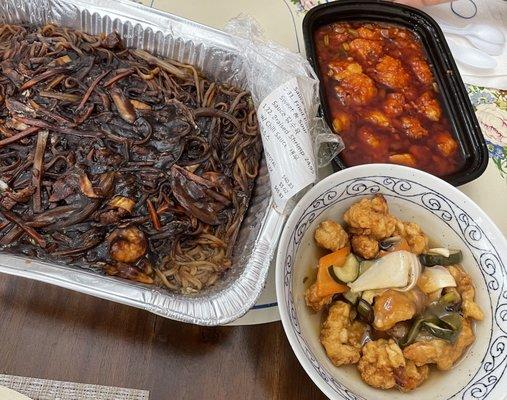 Black bean noodles for two, sweet and sour pork (1/3 of the full portion), and braised chili shrimp