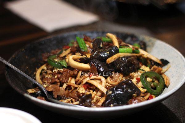 F11. Sauted Pork Enoki Mushroom Fungus and Egg 农家一碗香 ($15.95) - great!