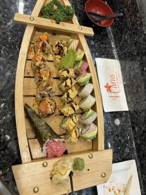 Crispy Spicy Tuna Roll, Rainbow Roll, Special California Roll, tuna hand roll