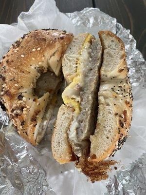 Breakfast sandwich - sausage egg & cheese on an everything bagel