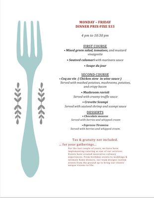 Now running $33 prix-fixe dinner menu 4 pm to 10:30pm