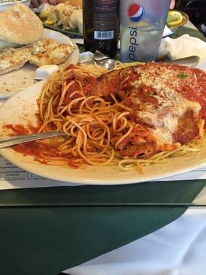 Chicken Parm w spaghetti.   Dinner is huge!!!!!