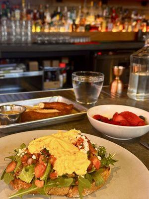 Avocado toast, egg, fruit & pretzel - w Dancing Queen in the background