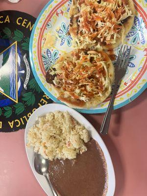 Pupusa de pollo and pupusa de camaron and side of rice and beans