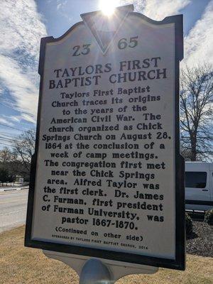 Taylors First Baptist Church Historical Marker