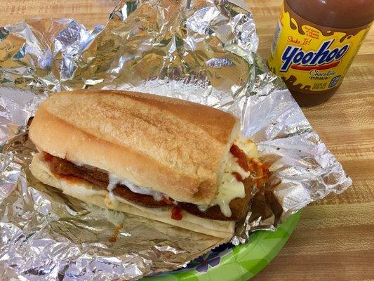 Joyce's Eggplant Parmesan sub and a Yoohoo!