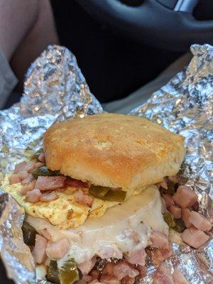 Ham, egg, cheese and jalapeno biscuit.