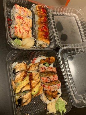 Top left: golden gate roll. Top right: lion king roll. Bottom left: dragon roll. Bottom right: spider roll.