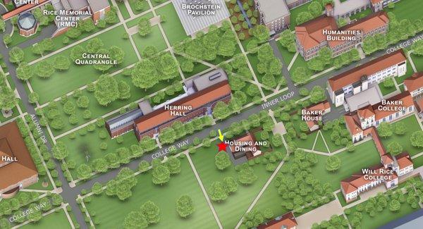 Map of south side of Rice campus. Red star is where Rice Bikes is.