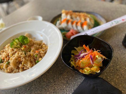 Chicken fried rice with a ginger salad