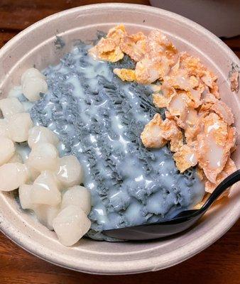 black sesame sno with mochi, frosted flakes, and mochi