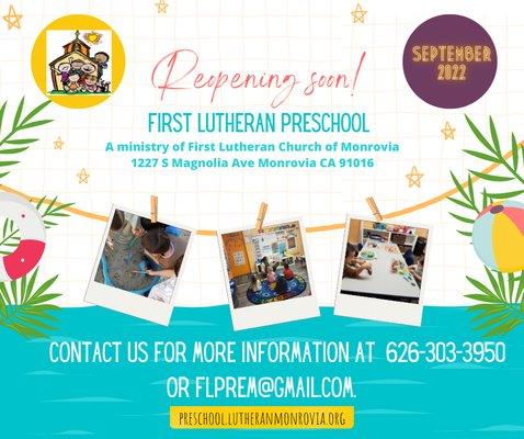 First Lutheran Preschool is reopening in September 2022. We are currently accepting enrollments! Contact us for more information!