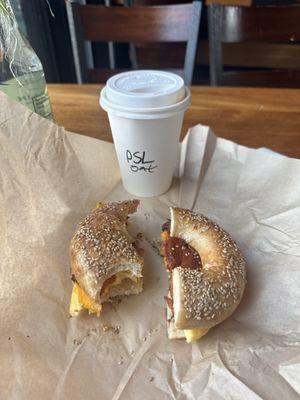 Egg & Cheddar with vegan cheddar and bacon pumpkin spice latte