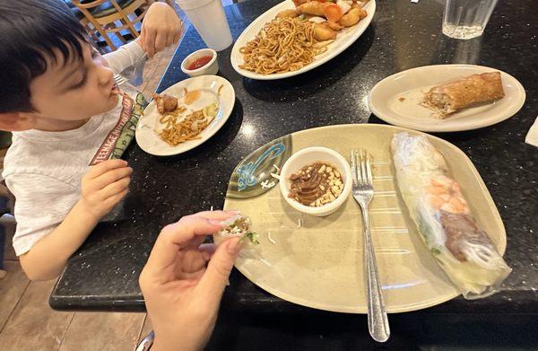 2 Piece Summer Rolls, Sweet and Sour Chicken, Lo Mein, 1 Piece Egg Roll, Peanut Sauce