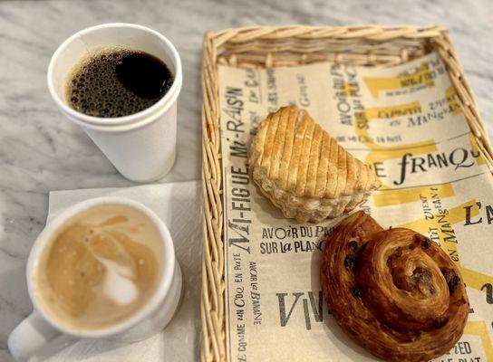 Pain aux raisins, Apple turnover, and latte