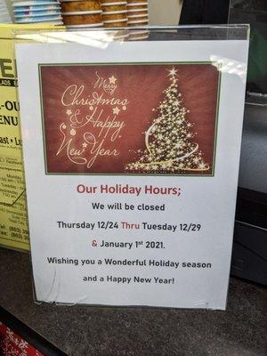 2020 Holiday Hours