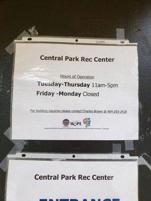 Recreational center hours