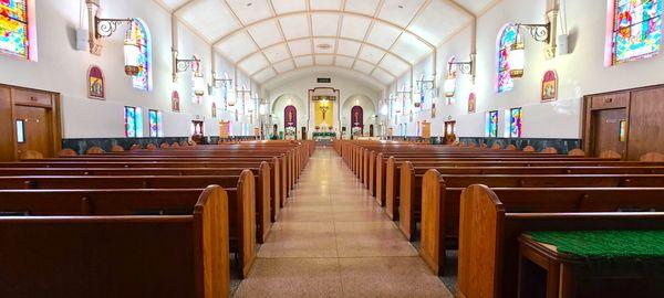 We repaired and refinished 60 pews and 4 screens bringing old and damaged finish to new life for St. Catherine of Alexandria-Riverside, CA.