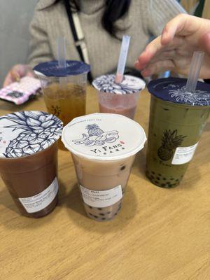 From top left: lemon green tea; strawberry latte; brown sugar matcha pearl latte; red bean black tea latte; fresh taro latte