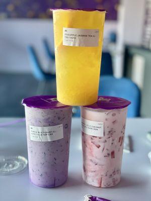 Pineapple Jasmine tea, purple rice yogurt drink, and strawberry jelly coconut, all so yummy.