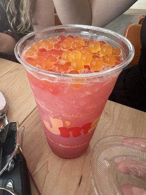 Mango Dragonfruit Refresher with Passionfruit and Strawberry Pearls