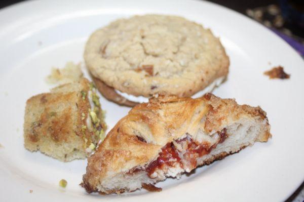 Clcokwise:  Coconut Oat Pecan Cream Pie, Guava Cream Cheese Croissant, Cardamom Pistachio Muffin?