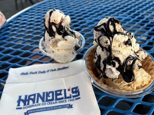 Small bowl of Chocolate Chip Cookie Dough w/ hot fudge; small waffle bowl of S'more's and Cheesecake w/ Oreo pieces and hot fudge.