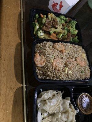 White rice, Beef with Broccoli, Shrimp Fried Rice, Steamed Dumplings