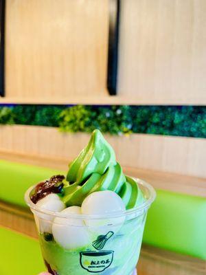 Matcha Soft Serve with Mochi and Red Bean toppings