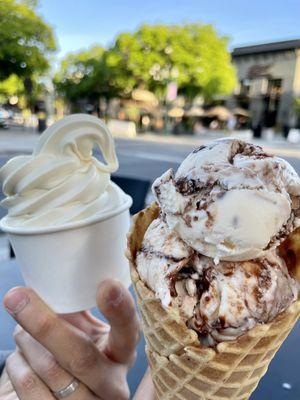 Custard and Tin Roof Sundae in a waffle cone