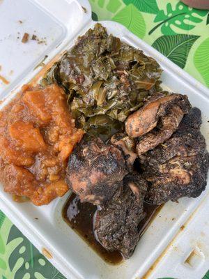 Jerk chicken sweet potatoes  Collard Greens