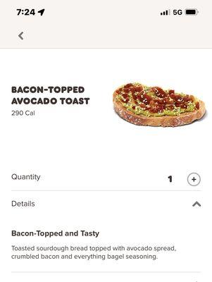 What the bacon avocado toast should look like with the descriptive ingredients.