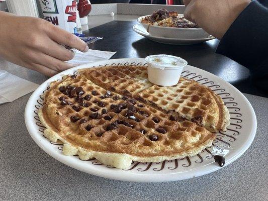 Waffle half chocolate chip/ plain ...  We share