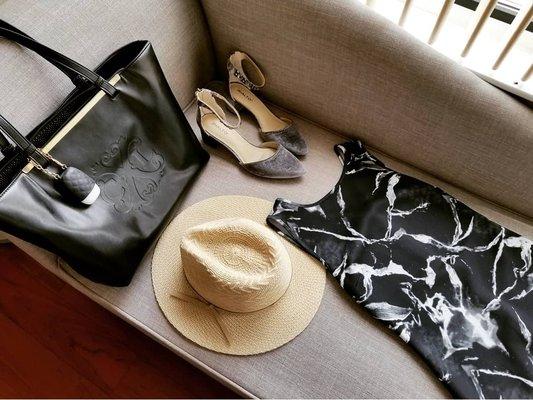 Christian Lacroix Bag - $30 Carmen Marc Valvo Dress - $20 Velvet Chunk Heels - $20 Sunhat - $10