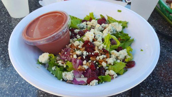 Zombie salad: dried cranberries, pecans, red onion, gorgonzola, raspberry balsamic dressing