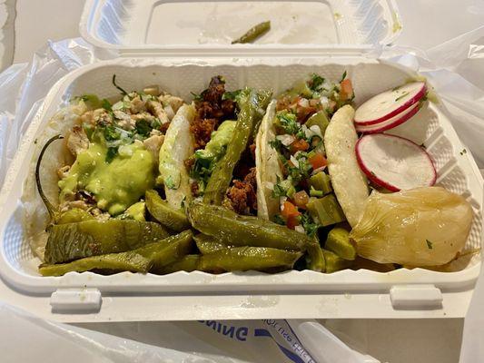 Pollo Taco, Longaniza Taco, Carne Asada Taco and side of Nopal