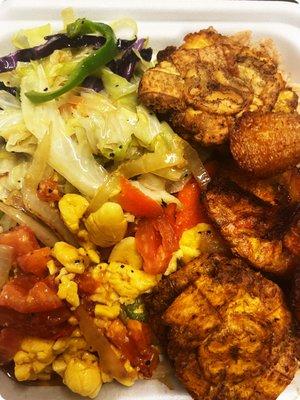 Vegan, cabbage ackee and tostones