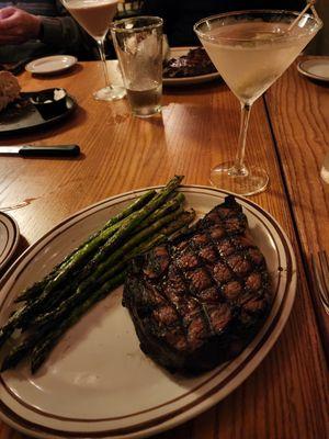 Whiskey marinated prime rib with asparagus and martini.